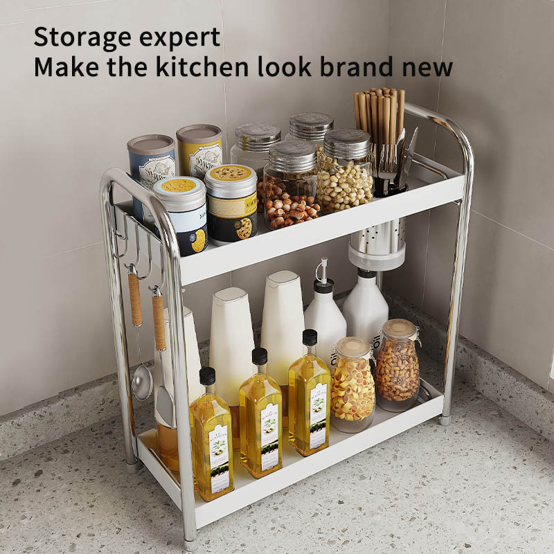 How can the color scheme of a kitchen storage rack coordinate with different kitchen decor styles?